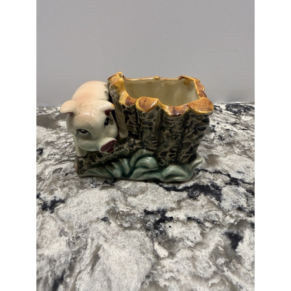 Small Vintage Pig w/ Stump Planter MCM 5x2.5"